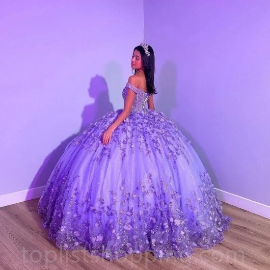 Purple Shiny Puffy Princess Quinceanera Dresses 2024 Off Shoulder Beads 3D Floral Gillter Sequins Lace-up Corset Vestidos 15años