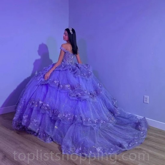 Purple Shiny Puffy Princess Quinceanera Dresses 2024 Off Shoulder Beads 3D Floral Gillter Sequins Lace-up Corset Vestidos 15años