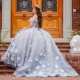 Silver Quinceanera Dresses 2024 Flower dress Tulle Beading Off The Shoulder Party Dress Court Train Prom Ball Gown