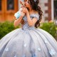 Silver Quinceanera Dresses 2024 Flower dress Tulle Beading Off The Shoulder Party Dress Court Train Prom Ball Gown