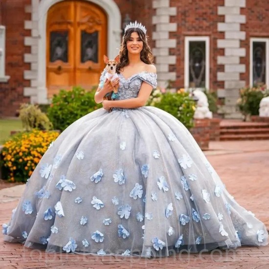 Silver Quinceanera Dresses 2024 Flower dress Tulle Beading Off The Shoulder Party Dress Court Train Prom Ball Gown