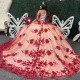 Red 3D Flowers Beading Quinceanera Dresses Off Shoulder Appliques Sparkly Crystal Sweet 16 Prom Party Gowns