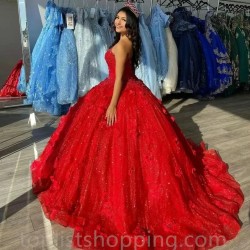 Red Ball Gown Quinceanera Dresses Vestidos De Festa 3D Flower Beading Formal Birthday Party Gowns Corset