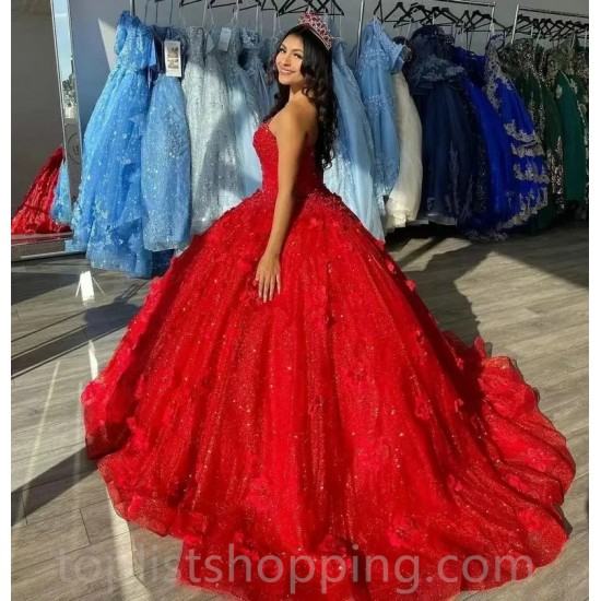 Red Ball Gown Quinceanera Dresses Vestidos De Festa 3D Flower Beading Formal Birthday Party Gowns Corset