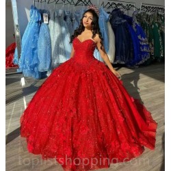 Red Ball Gown Quinceanera Dresses Vestidos De Festa 3D Flower Beading Formal Birthday Party Gowns Corset