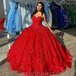 Red Ball Gown Quinceanera Dresses Vestidos De Festa 3D Flower Beading Formal Birthday Party Gowns Corset