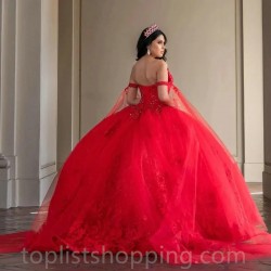 Red Ball Gown Sweet 16 Quinceanera Dresses 2024 Off Shoulder Beads Appliques Lace Tull Vestidos De 15 Anos