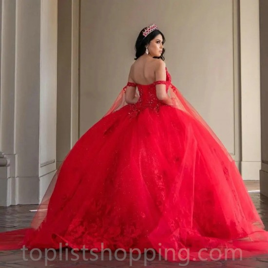 Red Ball Gown Sweet 16 Quinceanera Dresses 2024 Off Shoulder Beads Appliques Lace Tull Vestidos De 15 Anos