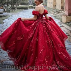 Red Burgundy Quinceanera Ball Gown Dresses Sweetheart Sequined Lace Appliqus Sequins Sweet 16 Sweep Train