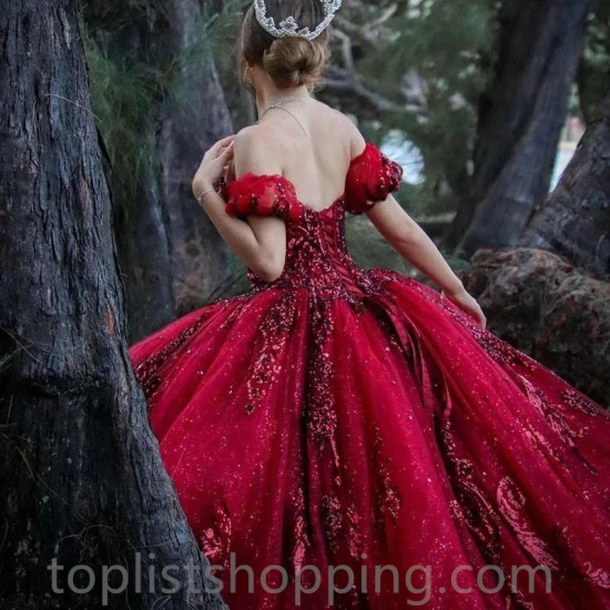 Red Burgundy Quinceanera Ball Gown Dresses Sweetheart Sequined Lace Appliqus Sequins Sweet 16 Sweep Train