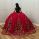 Beads Red Off Shoulder Quinceanera Dresses Applique Lace Tull Vestidos De 15 Anos