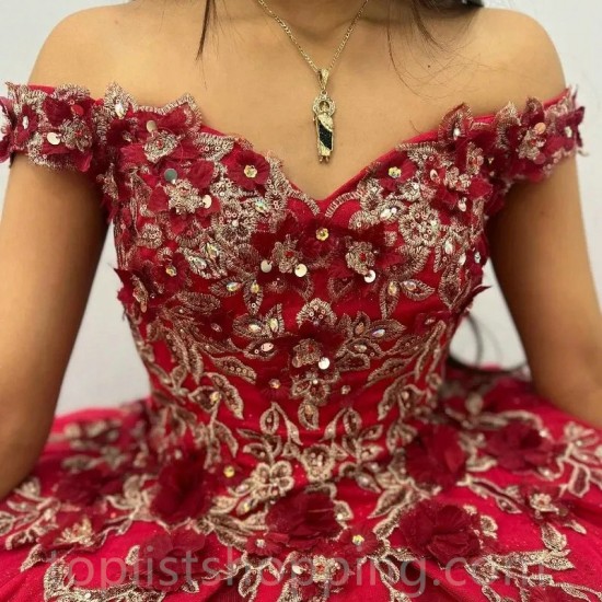 Beads Red Off Shoulder Quinceanera Dresses Applique Lace Tull Vestidos De 15 Anos