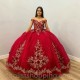 Beads Red Off Shoulder Quinceanera Dresses Applique Lace Tull Vestidos De 15 Anos