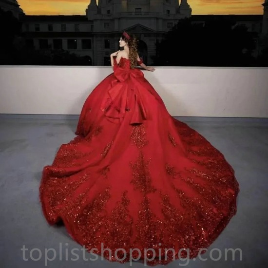 Off The Shoulder Red Evening Dress 2024 Bow Ball Gown Floor Length Sweep Train Quinceanera Dress