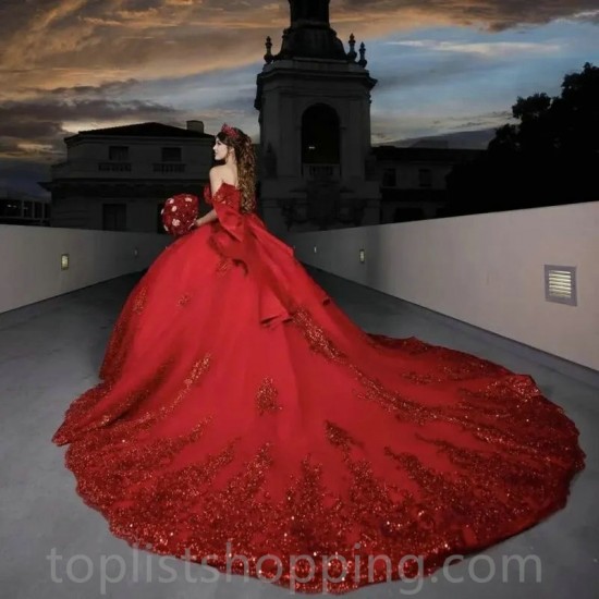 Off The Shoulder Red Evening Dress 2024 Bow Ball Gown Floor Length Sweep Train Quinceanera Dress