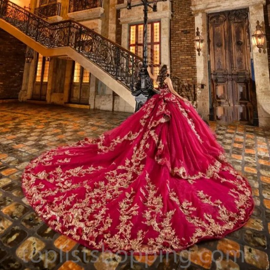 Beading Red Off the Shoulder Ball Gown Quinceanera Dress Corset Gold Lace Appliques Sweet 16 Dress