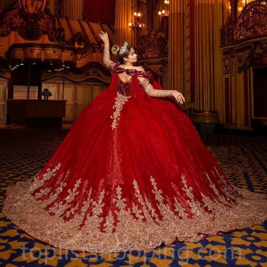 Beads Red Off the Shoulder Ball Gown Quinceanera Dresses Gold Floral Appliques Lace Tull Corset Vestidos De 15 Años