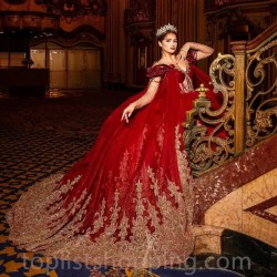 Beads Red Off the Shoulder Ball Gown Quinceanera Dresses Gold Floral Appliques Lace Tull Corset Vestidos De 15 Años