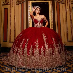 Beads Red Off the Shoulder Ball Gown Quinceanera Dresses Gold Floral Appliques Lace Tull Corset Vestidos De 15 Años