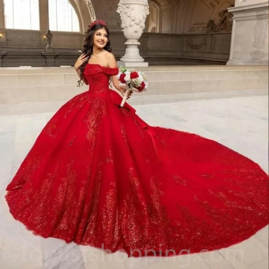 Long Train Red Princess Quinceanera Dress Off The Shoulder Ball Gown