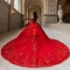 Long Train Red Princess Quinceanera Dress Off The Shoulder Ball Gown