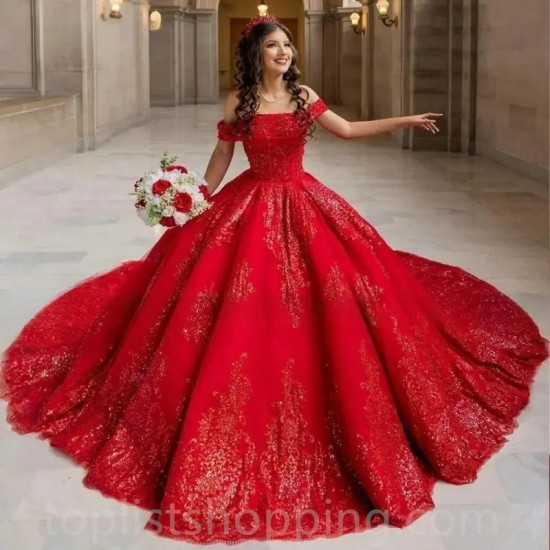 Long Train Red Princess Quinceanera Dress Off The Shoulder Ball Gown