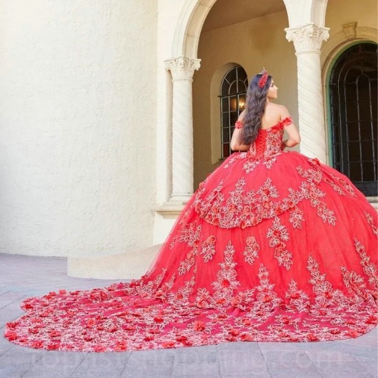 Beads Red Princess Quinceanera Dresses Flower Applique Tull Ball Gown Sweet 16 Dress Vestidos De 15 Anos