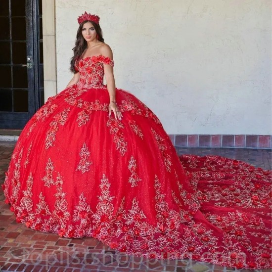 Beads Red Princess Quinceanera Dresses Flower Applique Tull Ball Gown Sweet 16 Dress Vestidos De 15 Anos