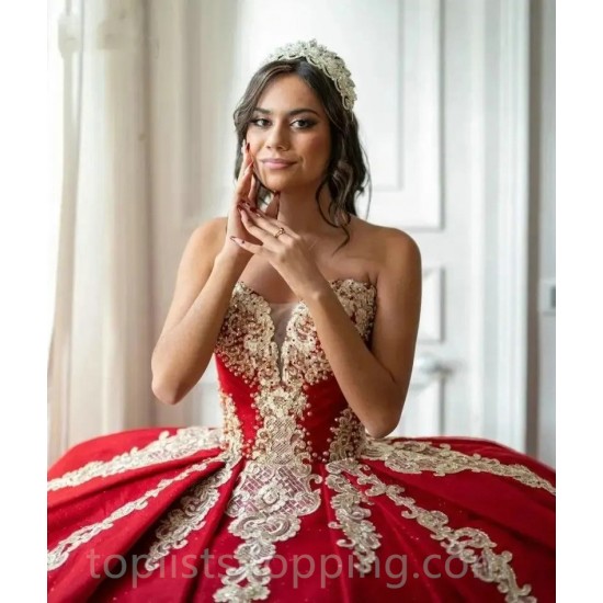 Sequins Red Quinceanera Dress 2024 Embroidery Ball Gown Lace Applique Bead Mexican Sweet 16 Vestidos De XV Anos