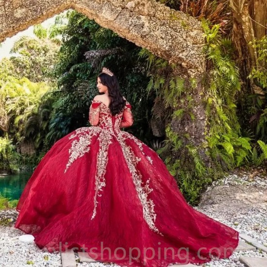 Off Shoulder Red Quinceanera Dress Ball Gown Gold Appliques Lace Beaded Tull Sweet 16 Vestidos De 15 Años