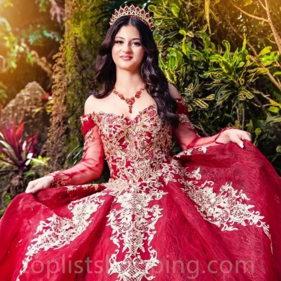 Off Shoulder Red Quinceanera Dress Ball Gown Gold Appliques Lace Beaded Tull Sweet 16 Vestidos De 15 Años