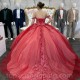 Off The Shoulder Red Quinceanera Dresses Lace Appliques Beads Tull Princess Girl Birthday Party Gowns