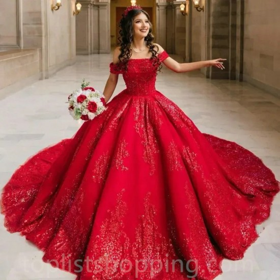 Off Shoulder Red Sequined Lace Quinceanera Dresses Appliques Ruffles Party Crystal Vestidos De 15 Anos