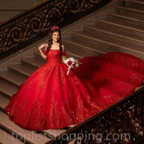 Off Shoulder Red Sequined Lace Quinceanera Dresses Appliques Ruffles Party Crystal Vestidos De 15 Anos