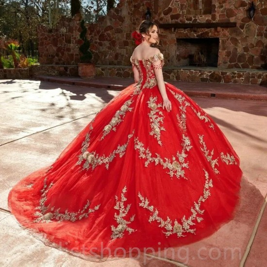 Off the Shoulder Red Sexy Quinceanera Dresses Ball Gown Princess Birthday Gold Applique Flower Gown