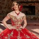 Off the Shoulder Red Sexy Quinceanera Dresses Ball Gown Princess Birthday Gold Applique Flower Gown