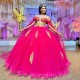 Red Shiny Off Shoulder Quinceanera Dress Ruffles Appliques Lace Beads Sweep Train Ball Gown