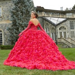 Red Shiny Princess Ball Gown Quinceanera Dress Off the Shoulder Long Sleeve Beaded Lace Tull Tiered Party Gowns