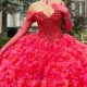 Red Shiny Princess Ball Gown Quinceanera Dress Off the Shoulder Long Sleeve Beaded Lace Tull Tiered Party Gowns