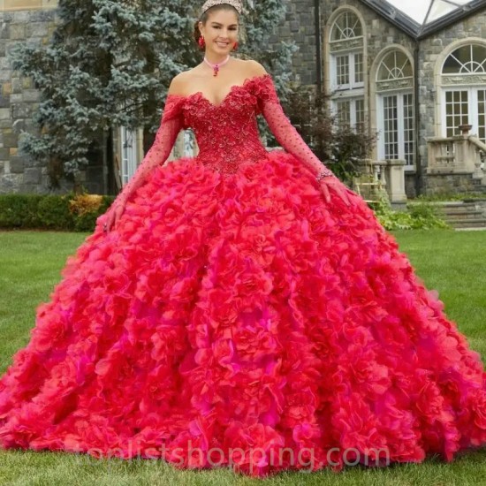 Red Shiny Princess Ball Gown Quinceanera Dress Off the Shoulder Long Sleeve Beaded Lace Tull Tiered Party Gowns