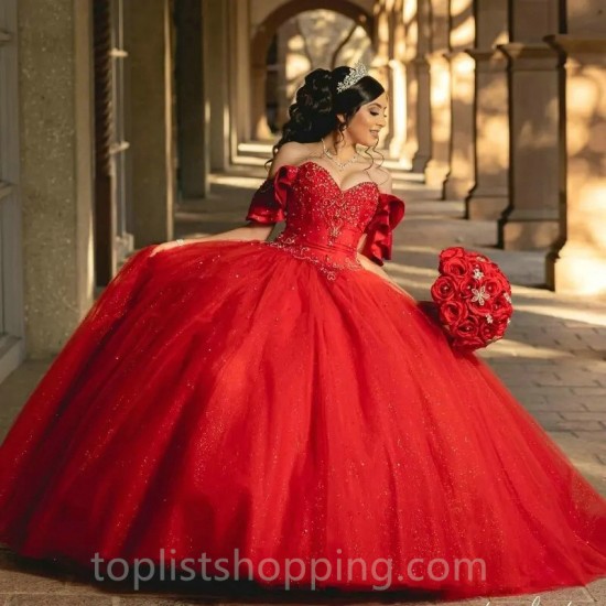 Red Shiny Sweet 16 Quinceanera Dress Off Shoulder Beads Crystal Tull Ball Gown Princess Party Birthday Dress