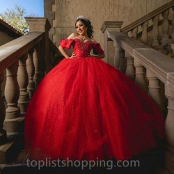 Red Shiny Sweet 16 Quinceanera Dress Off Shoulder Beads Crystal Tull Ball Gown Princess Party Birthday Dress