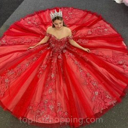 Off Shoulder Red Sweetheart Ball Gown Quinceanera Dresses Beaded Appliques Lace Sequins Sweet 16 Dress