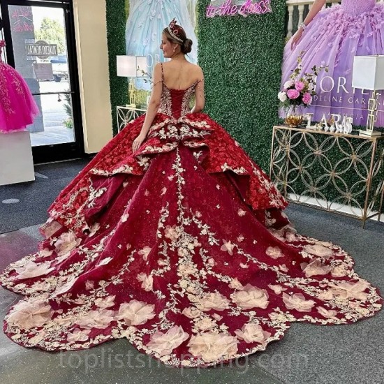 Red Spaghetti Strap Luxury Quinceanera Dress Charro Mexican Appliques Flower Beads Dress vestido de 15