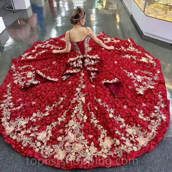 Red Spaghetti Strap Luxury Quinceanera Dress Charro Mexican Appliques Flower Beads Dress vestido de 15