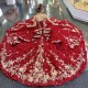 Red Spaghetti Strap Luxury Quinceanera Dress Charro Mexican Appliques Flower Beads Dress vestido de 15