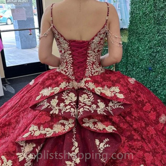 Red Spaghetti Strap Luxury Quinceanera Dress Charro Mexican Appliques Flower Beads Dress vestido de 15