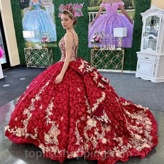 Red Spaghetti Strap Luxury Quinceanera Dress Charro Mexican Appliques Flower Beads Dress vestido de 15