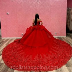 Red Sparkly Sequined Lace Quinceanera Dresses Red Off Shoulder Ruffles cathedral train Crystal prom vestido 15 Dress