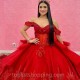 Red Sparkly Sequined Lace Quinceanera Dresses Red Off Shoulder Ruffles cathedral train Crystal prom vestido 15 Dress